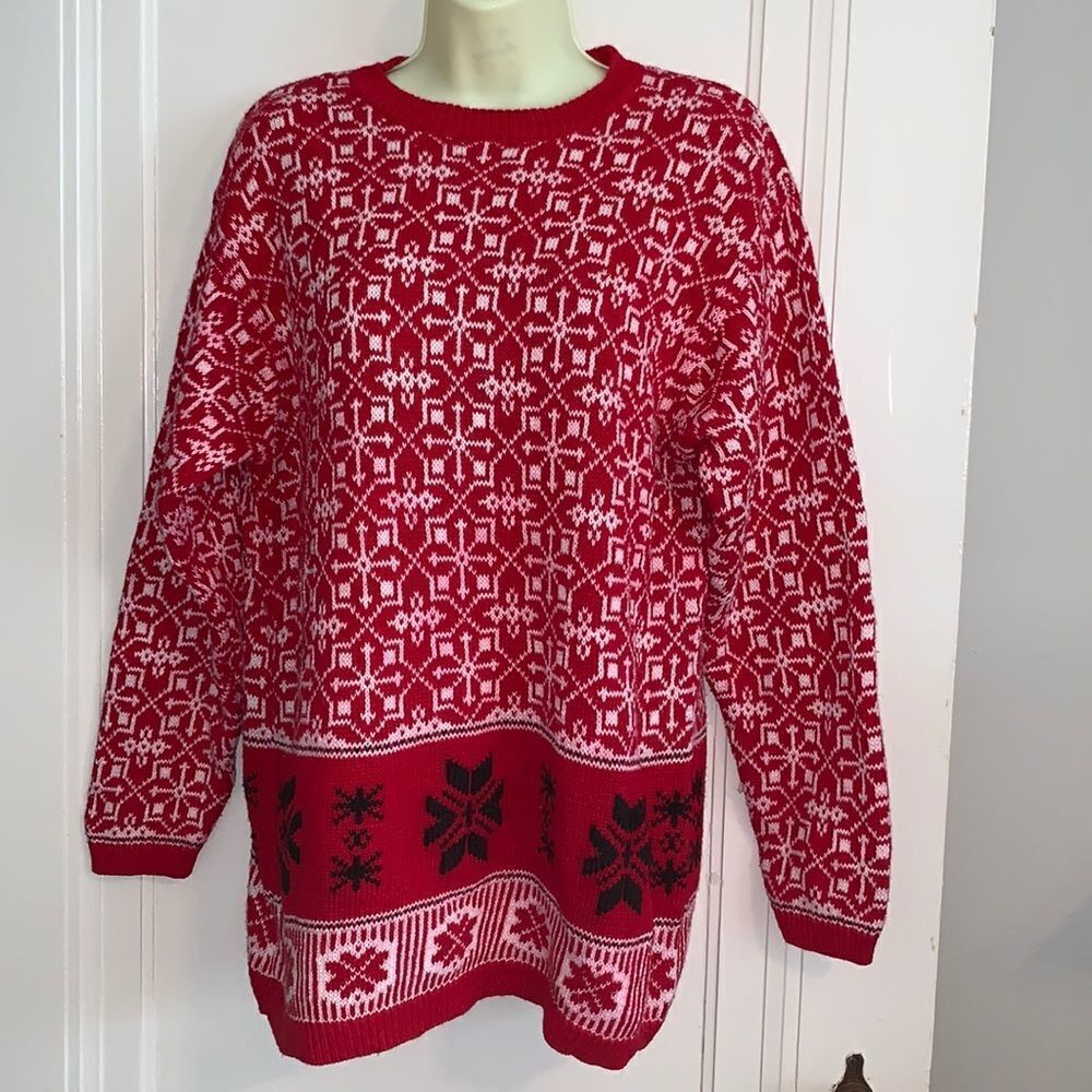Vtg 90s Liz & Co red & white snowflake sweater